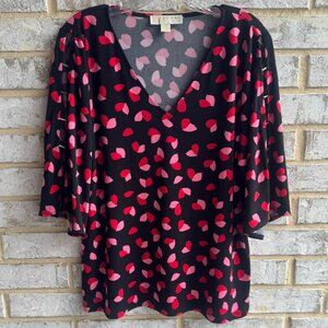 MICHAEL Michael Kors Split 3/4 Sleeve V-Neck Hearts Stretch Blouse Size L